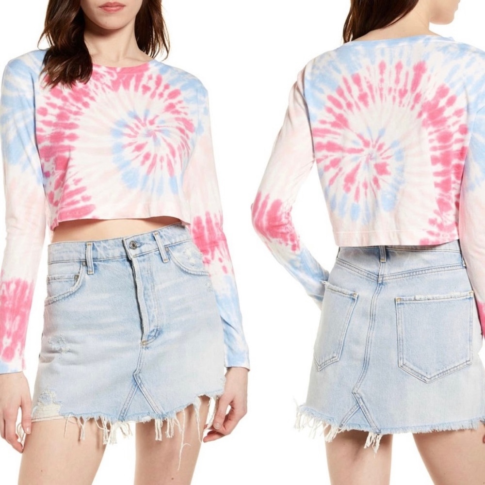 Sundown by Splendid Pink Blue Crop Top Tie Dye Long Sleeve Cotton Blend Sz M